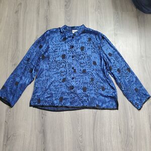Chicos Silk Blend Shirt Size 3 XL Blue Burnout Vintage Art Wear Lightweight